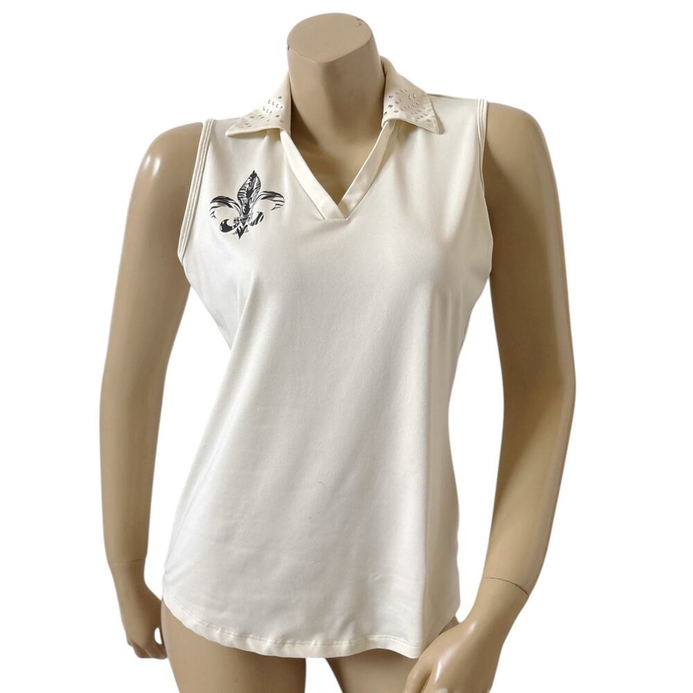 Bette & Court Golf Polo Womens M Beige Sleeveless Fleur De Lis Top Stud Collar